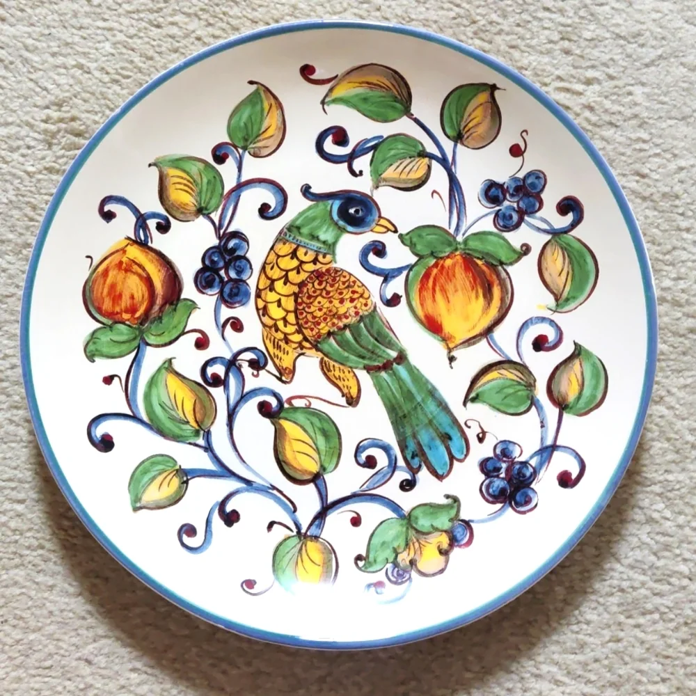 Sur La Table Hand-Painted Bird & Fruit Ceramic Plate — Blue, Green, Yellow